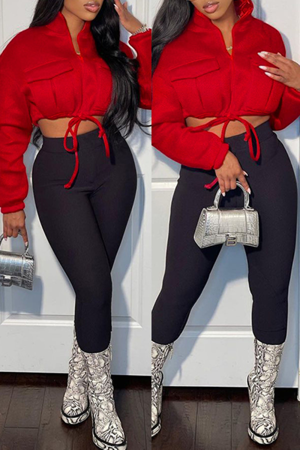 Red Fashion Casual Solid Bandage Mandarin Collar Outerwear