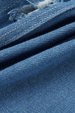 Light Blue Fashion Casual Solid Ripped Turndown Collar Long Sleeve Regular Denim Jacket (No Pockets)