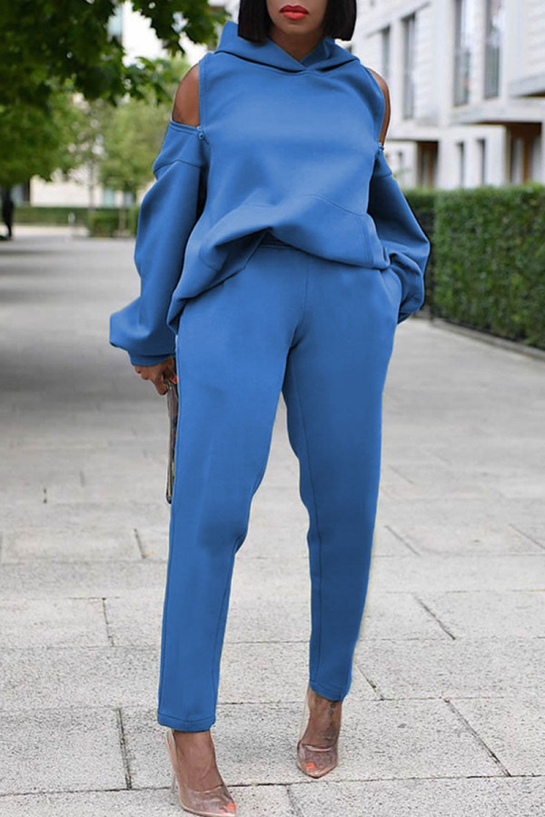 Blue Casual Solid Patchwork Zipper Hooded Collar Long Sleeve Two Pieces