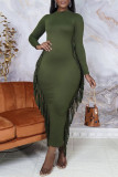 Ink Green Casual Solid Tassel Patchwork O Neck One Step Skirt Dresses