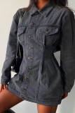 Blue Casual Solid Split Joint Pocket Buckle Fold Turndown Collar Long Sleeve Regular Denim Dresses