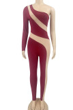 Burgundy Sexy Solid Patchwork See-through Oblique Collar Regular Jumpsuits