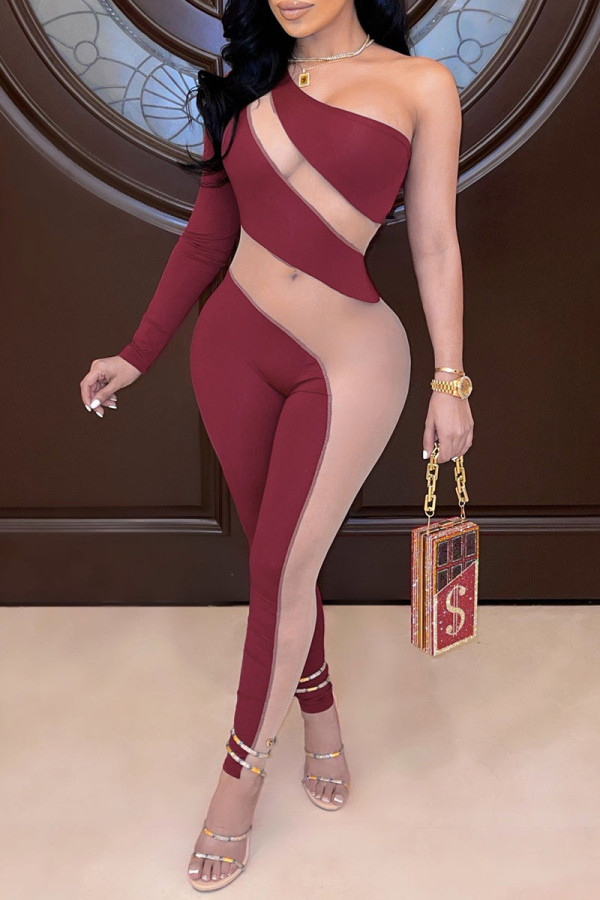Burgundy Sexy Solid Patchwork See-through Oblique Collar Regular Jumpsuits
