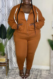 Brown Sportswear Solid Patchwork Hooded Collar Plus Size Two Pieces