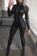 Black Fashion Casual Solid Basic Zipper Collar Skinny Jumpsuits
