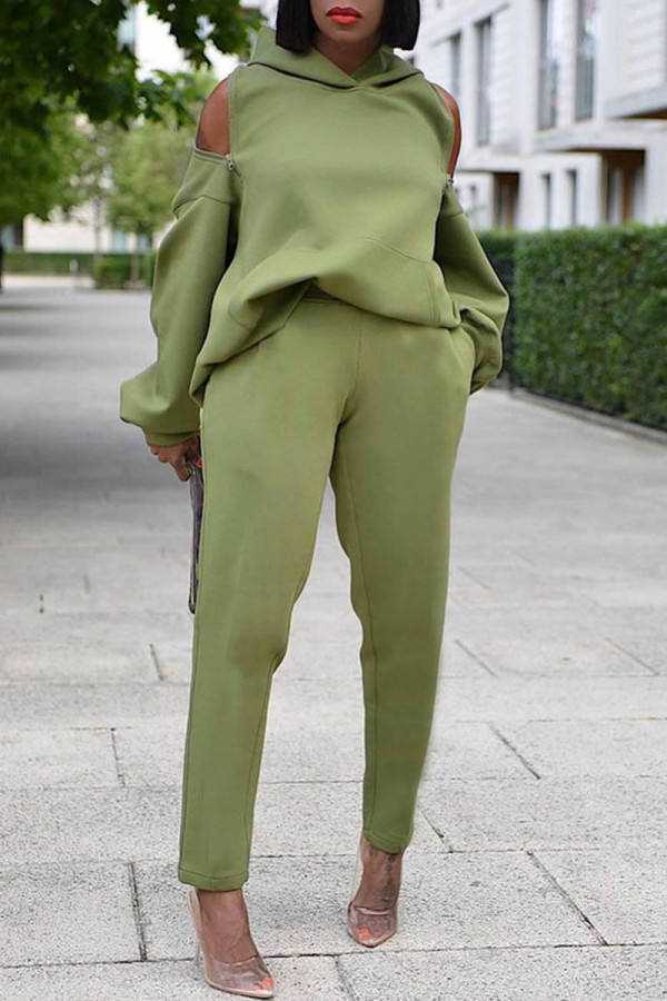 Green Casual Solid Patchwork Zipper Hooded Collar Long Sleeve Two Pieces