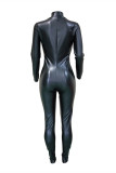 Black Fashion Casual Solid Basic Zipper Collar Skinny Jumpsuits