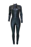 Black Fashion Casual Solid Basic Zipper Collar Skinny Jumpsuits
