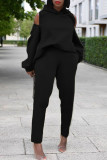 Black Casual Solid Patchwork Zipper Hooded Collar Long Sleeve Two Pieces