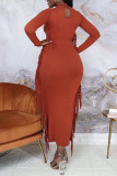 Ink Green Casual Solid Tassel Patchwork O Neck One Step Skirt Dresses