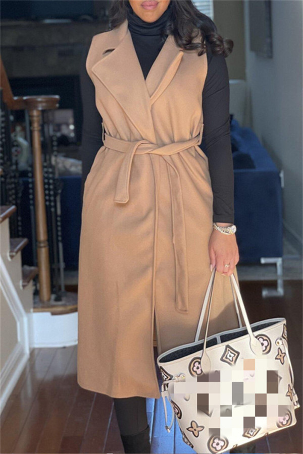 Khaki Fashion Casual Solid Cardigan Turndown Collar Sleeveless Outerwear