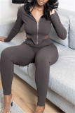 Brown Fashion Sexy Solid Asymmetrical Zipper Collar Long Sleeve Two Pieces