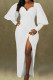 White Fashion Sexy Solid Slit V Neck Long Sleeve Evening Dress