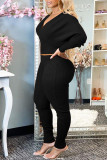 Coffee Fashion Casual Solid Basic V Neck Long Sleeve Two Pieces