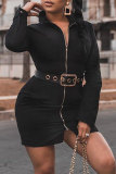 Silver Fashion Casual Solid Patchwork Zipper Collar Long Sleeve Dresses (Without Belt)
