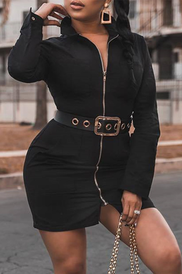 Black Fashion Casual Solid Patchwork Zipper Collar Long Sleeve Dresses (Without Belt)