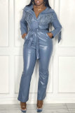 Blue Fashion Casual Solid Tassel Patchwork Turndown Collar Regular Jumpsuits