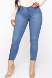 Medium Blue Fashion Casual Solid Basic Mid Waist Skinny Denim Jeans