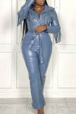 Blue Fashion Casual Solid Tassel Patchwork Turndown Collar Regular Jumpsuits