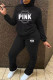 Black Fashion Casual Letter Print Fold Hooded Collar Long Sleeve Two Pieces