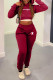 Burgundy Fashion Sportswear Print Patchwork Hooded Collar Long Sleeve Two Pieces