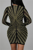 Gold Fashion Sexy Patchwork Hot Drill V Neck Long Sleeve Dresses