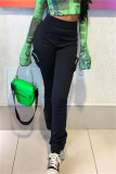 Black Fashion Casual Solid Patchwork Regular High Waist Trousers