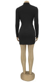 Black Fashion Sexy Solid Hollowed Out Turtleneck Long Sleeve Dresses