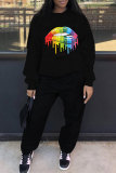 Black Fashion Casual Lips Printed Basic O Neck Long Sleeve Two Pieces