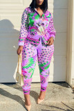 Blue Casual Print Patchwork Buckle Turndown Collar Long Sleeve Two Pieces(Without Belt)