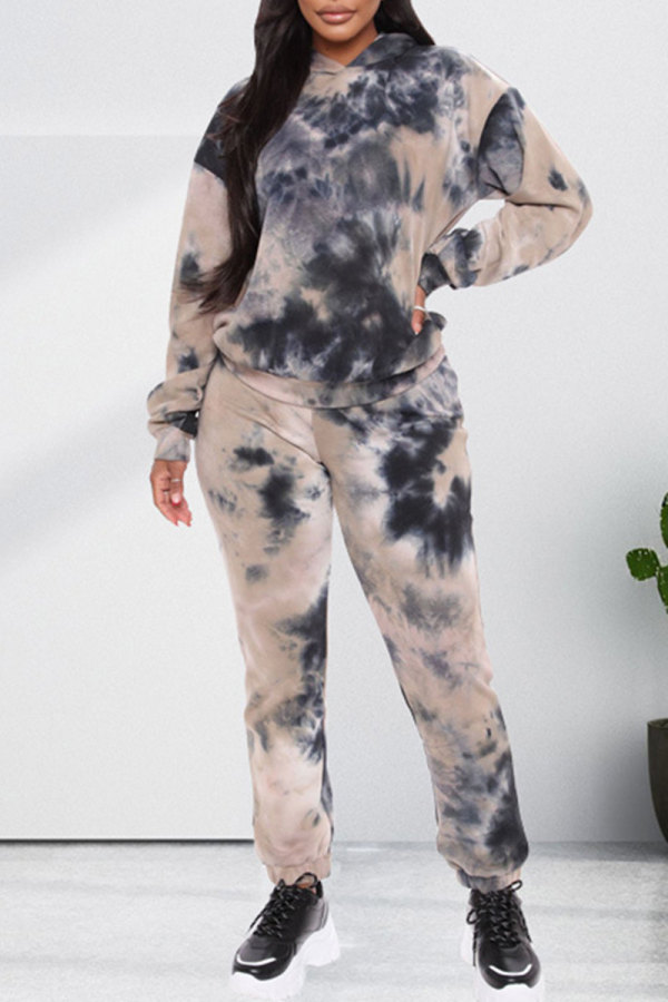 Multicolor Fashion Casual Print Tie-dye Hooded Collar Long Sleeve Two Pieces