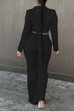 Blue Casual Solid Patchwork Buckle Turn-back Collar Long Sleeve Two Pieces