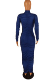 Blue Sexy Print Patchwork Fold Turtleneck Dresses