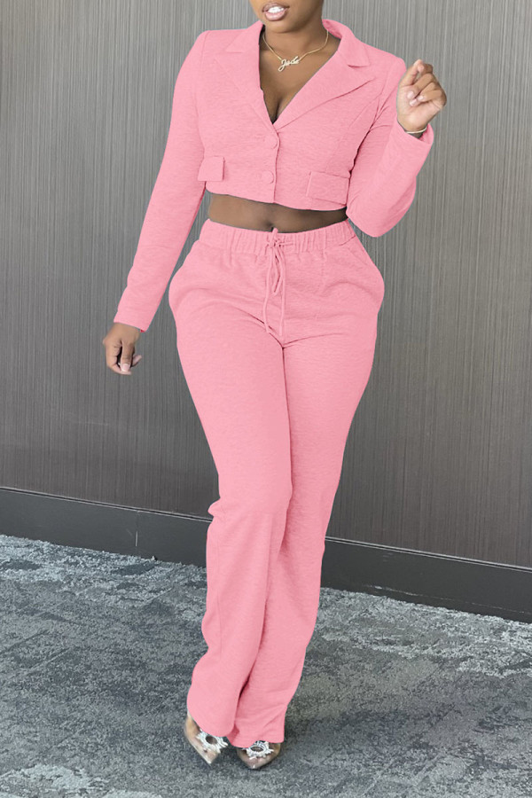 Pink Casual Solid Patchwork Buckle Turn-back Collar Long Sleeve Two Pieces