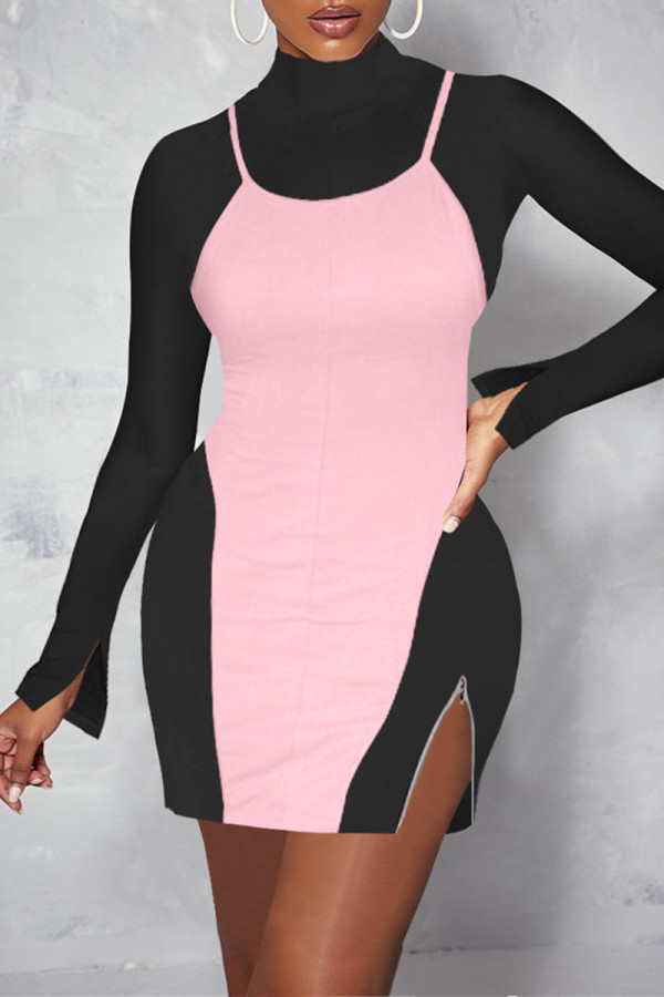 Black Pink Fashion Casual Solid Patchwork Slit Turtleneck Long Sleeve Two Pieces
