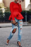 Red Fashion Casual Solid Basic O Neck Tops