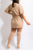 Apricot Fashion Casual Hot Drilling Basic O Neck Long Sleeve Dresses (Without Belt Bag)