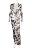 Colour Fashion Sexy Print Basic V Neck Long Sleeve Dresses