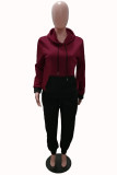 Burgundy Fashion Casual Patchwork Basic Hooded Collar Long Sleeve Two Pieces