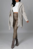 Light Gray Fashion Casual Solid Cardigan With Belt Turndown Collar Outerwear