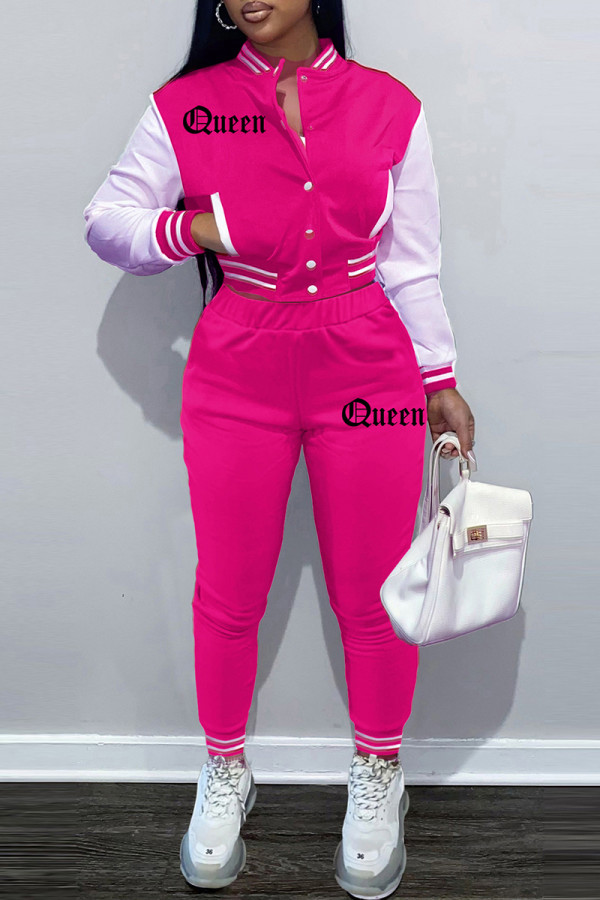 Rose Red Fashion Casual Patchwork Letter Long Sleeve Two Pieces