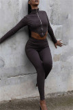 Brown Fashion Sexy Solid Asymmetrical Zipper Collar Long Sleeve Two Pieces