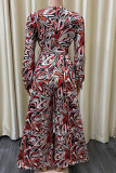 Yellow Fashion Print Split Joint V Neck Loose Jumpsuits