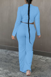 Blue Casual Solid Patchwork Buckle Turn-back Collar Long Sleeve Two Pieces