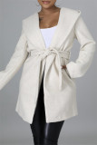 Light Gray Fashion Casual Solid Cardigan With Belt Turndown Collar Outerwear