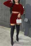 Deep Blue Fashion Casual Solid Basic O Neck Long Sleeve Two Pieces