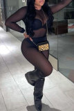 Black Fashion Sexy Patchwork See-through O Neck Skinny Jumpsuits