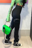 Black Fashion Casual Solid Patchwork Regular High Waist Trousers