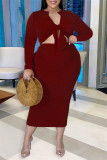 Red Fashion Casual Solid Bandage V Neck Plus Size Two Pieces