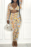 Yellow Fashion Print Cardigan Vests Pants Long Sleeve Three-piece Set